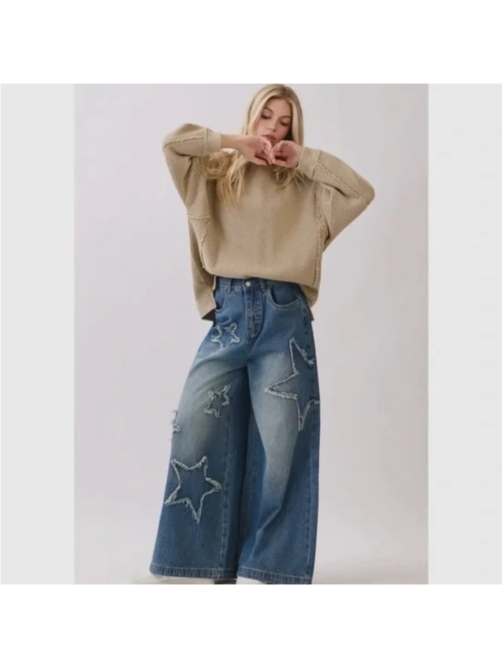 Wide Leg Star Patch Blue Jeans - Sage and Fig